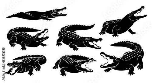 Set of Black Alligators in Various Poses.