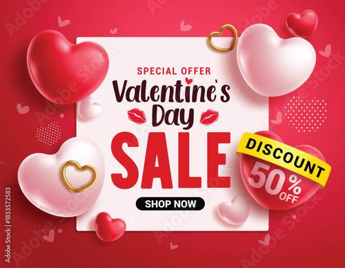 Valentine's day sale clipart banner template. Valentine's day special offer with 50% off discount poster clip art and heart shape balloons decoration vector illustration.
