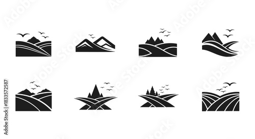 Collection of stylized landscape icons featuring mountains and rolling hills.