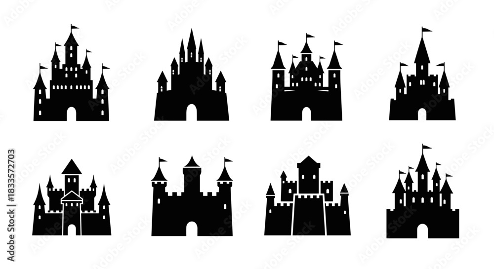 Fototapeta premium Collection of Eight Black Castle Silhouettes on White Background.