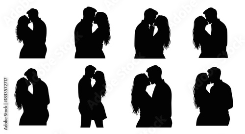 Silhouettes of couples kissing in various poses and styles.