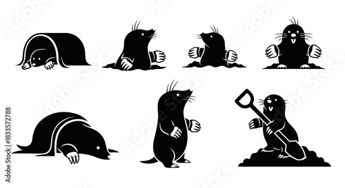 Collection of Cute Black Moles in Various Poses and Activities.