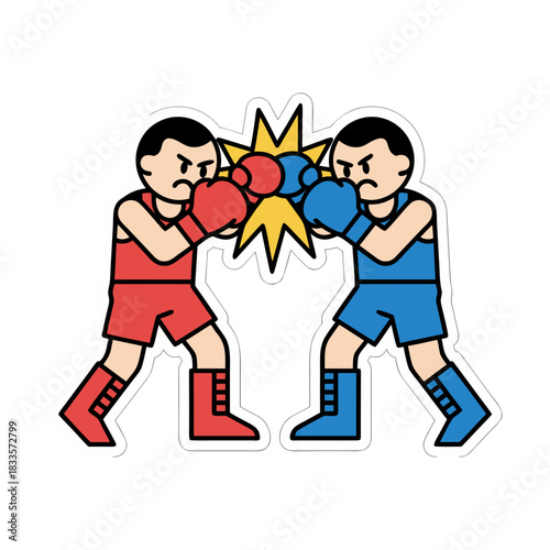 Two Cartoon Boxers Fiercely Sparring in Red and Blue Outfits Showing Intense Competition and Athleticism on a Black Background with Yellow Energy Burst