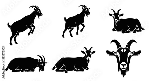 Collection of Black Goat Silhouettes in Various Poses.