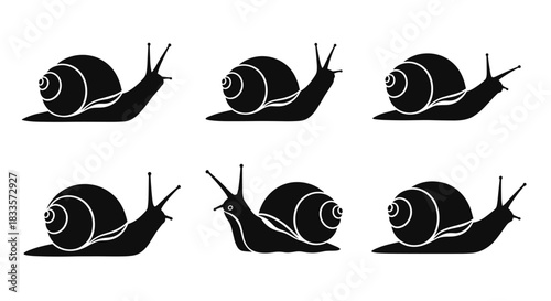 Six Black Silhouettes of Snails in Motion on White Background.