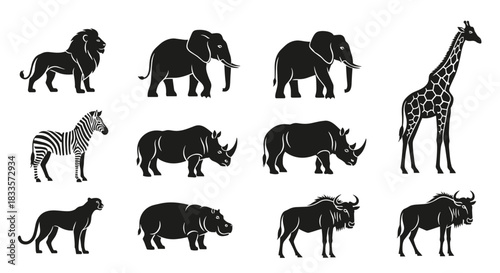 Collection of African Wildlife Silhouettes in Black and White.