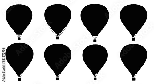 Collection of eight black hot air balloon silhouettes.