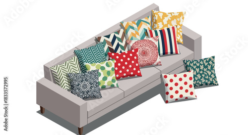 Gray sofa with colorful pillows and cushions