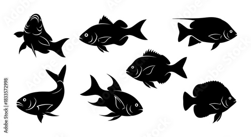Collection of Diverse Fish Silhouettes in Various Poses.