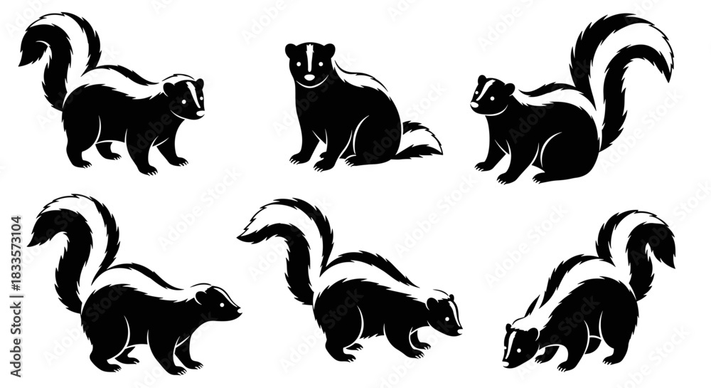 Fototapeta premium Collection of six black and white skunk illustrations in various poses.