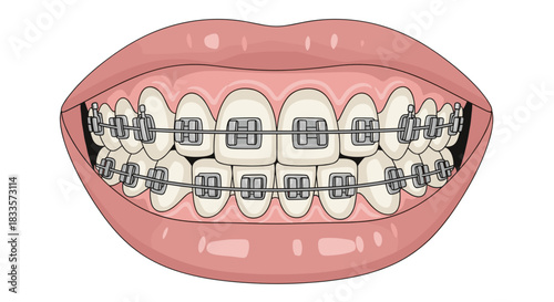 Smiling mouth with metal dental braces for orthodontics clinic and healthcare design