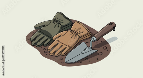 Gardening tools and gloves on soil