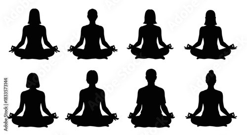 Eight Silhouettes of People Meditating in Lotus Pose.