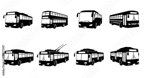 Collection of Various Bus Silhouettes for Transportation Concepts.