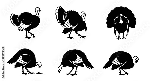 Set of Six Stylized Turkey Silhouettes in Various Poses.