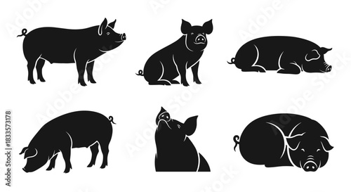 Set of six black pig silhouettes in different poses.