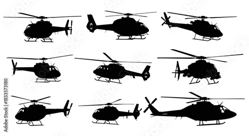 Collection of Black Helicopter Silhouettes Various Models and Angles.
