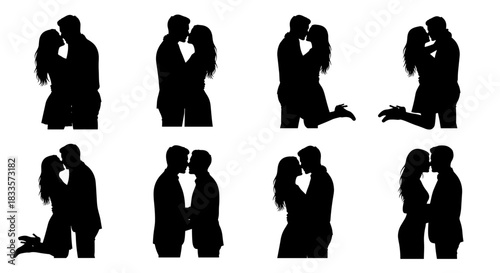 Silhouettes of couples in romantic poses and embraces.