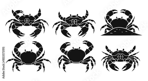 Collection of Six Black Crab Silhouettes on White Background.