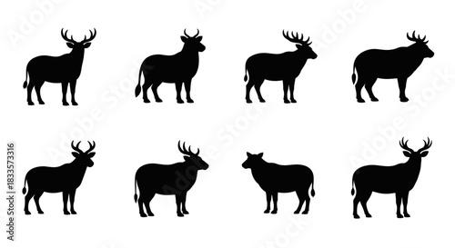 Collection of Deer Silhouettes in Various Poses and Antler Styles.