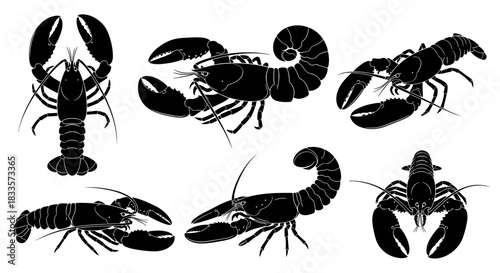 Collection of diverse lobster silhouettes in various poses and angles.
