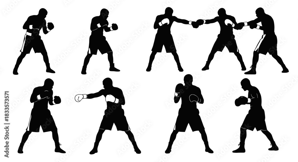 Fototapeta premium Silhouettes of boxers in various fighting stances and actions.