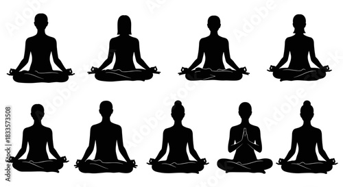 Eight Silhouettes of People Meditating in Lotus Pose.