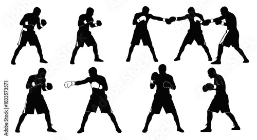 Silhouettes of boxers in various fighting stances and actions.