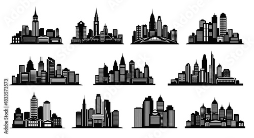 Collection of Diverse City Skylines in Black and White Silhouette Style.