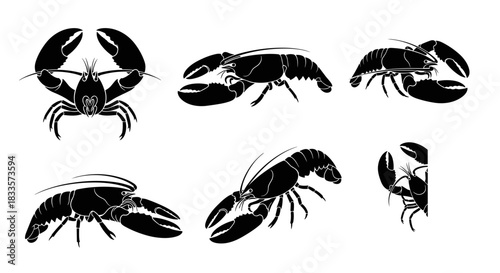 Collection of Black Lobster Silhouettes in Various Poses.
