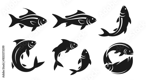 Collection of stylized black fish icons and symbols.