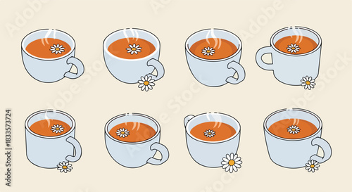 Chamomile tea in mugs with daisy flowers