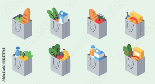 Grocery bags with food items for shopping and market