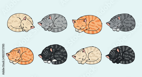 Sleeping cats in various colors with transparent background