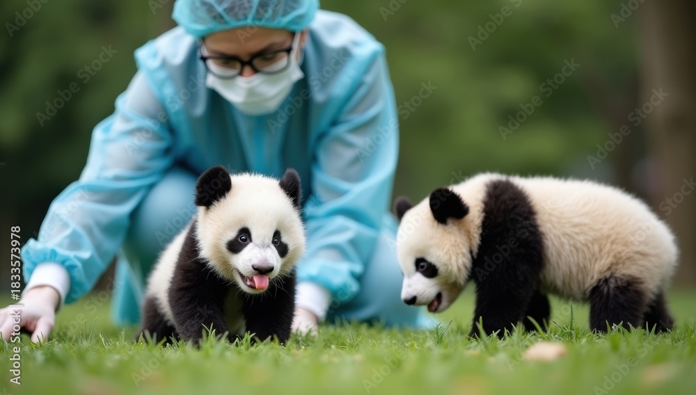 Fototapeta premium Zookeeper in protective gear caring for two adorable baby pandas on grass