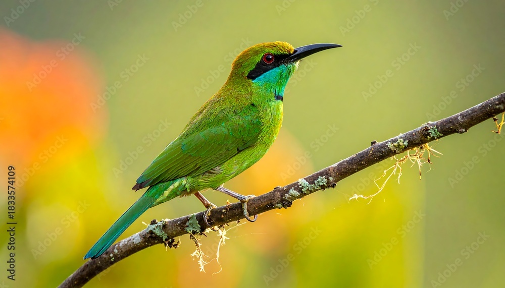 Fototapeta premium Vibrant green bird perched on a branch