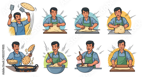 Man making roti bread in kitchen steps