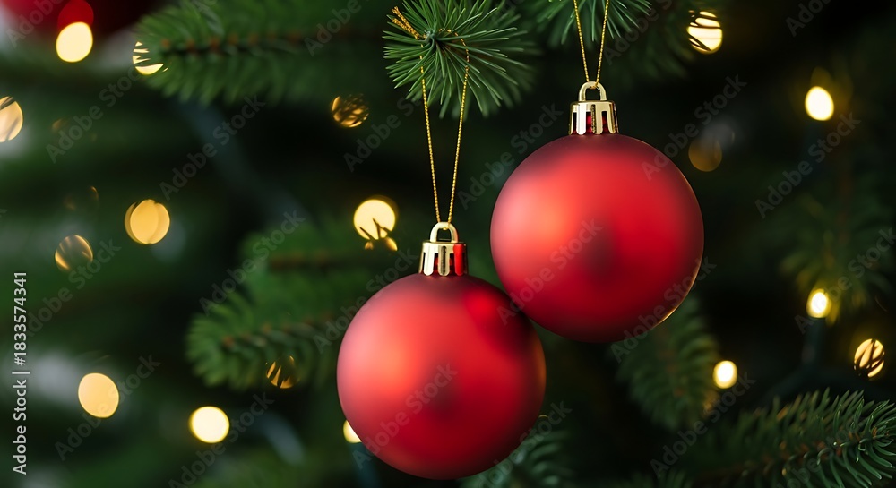 Fototapeta premium A warm and nostalgic Christmas look featuring two matte red baubles hanging from gold threads, adding a bold festive pop of color against the lush green tree.