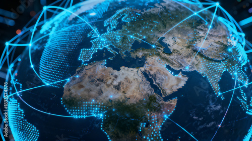 Cyberpunk Style Global Network Connection: Technological Visualization of Earth and Digital Nodes