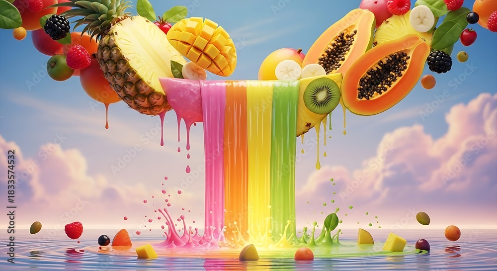 Fototapeta premium Rainbow Fruit Waterfall A Burst of Tropical Flavors in a Dreamy Landscape