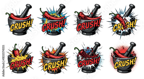 Crushing chili peppers in mortar with dynamic action