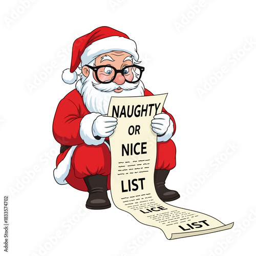 Santa Claus carefully reviews his naughty or nice list, bringing Christmas cheer and suspense to the holiday season, checking names twice