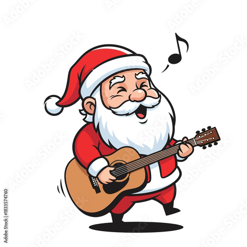 Jolly Santa Claus strumming guitar and singing carols, bringing holiday cheer with festive music, perfect for Christmas celebrations and seasonal fun