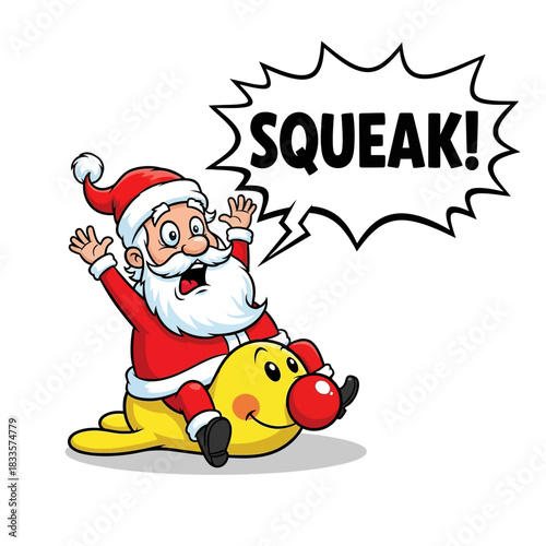 Hilarious Santa Claus squeaking on a funny yellow toy reindeer cartoon for Christmas cheer and holiday fun, perfect for festive greeting cards