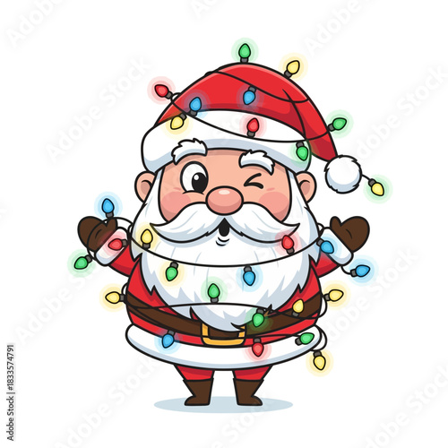 Whimsical Santa Claus winking, wrapped in vibrant holiday lights, spreading Christmas cheer and joyful spirit for festive promotions and heartwarming designs
