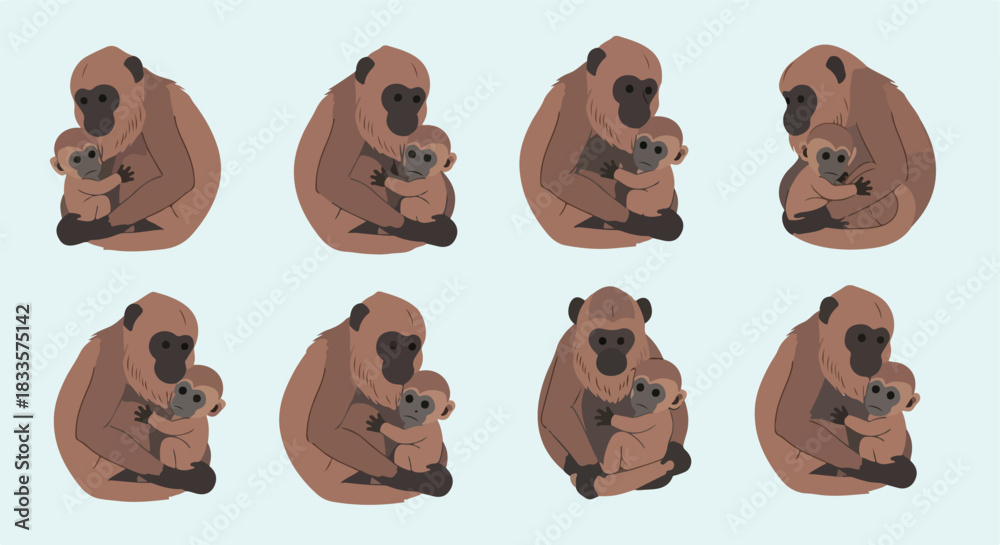 Fototapeta premium Gibbon mother and baby in various poses