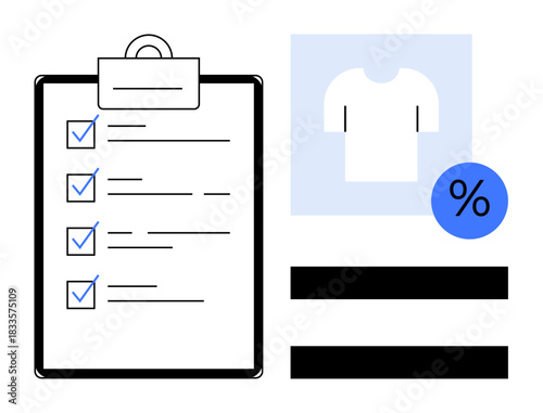 Clipboard with a checklist and blue checkmarks, T-shirt image in a square, percentage sign, and horizontal bars. Ideal for task management, retail, e-commerce, inventory, sales shopping simple flat