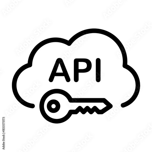 A cloud-shaped line icon containing an API key and API label, symbolizing cloud authentication, online access, and scalable developer integration.