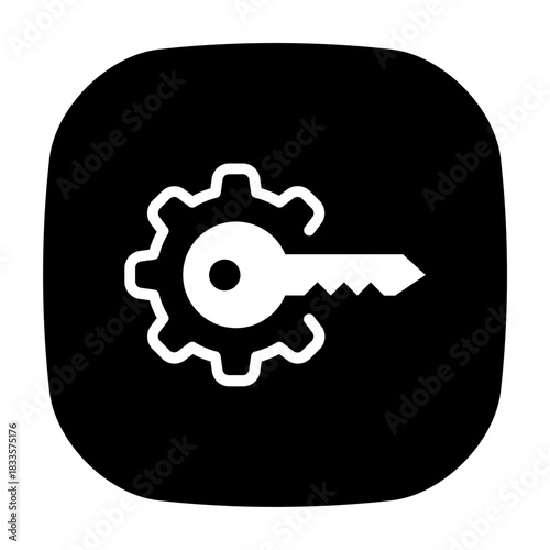 A solid Button icon of an API key integrated with a gear, representing secure automation, system configuration, and backend access.