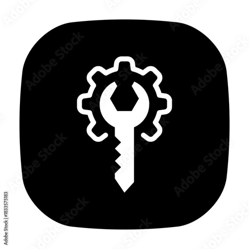 A Button icon showing an API key combined with a wrench-shaped gear, representing engineering control, secure configuration, and advanced development tools.